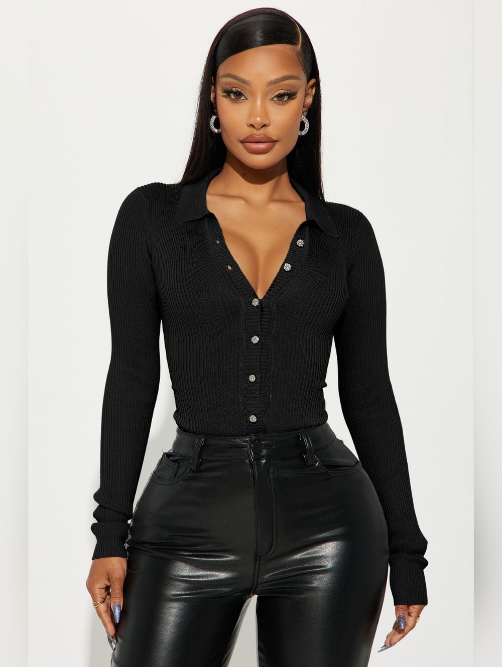 Fashion Nova Black Ribbed Button-Down Collared Sweater bodysuit